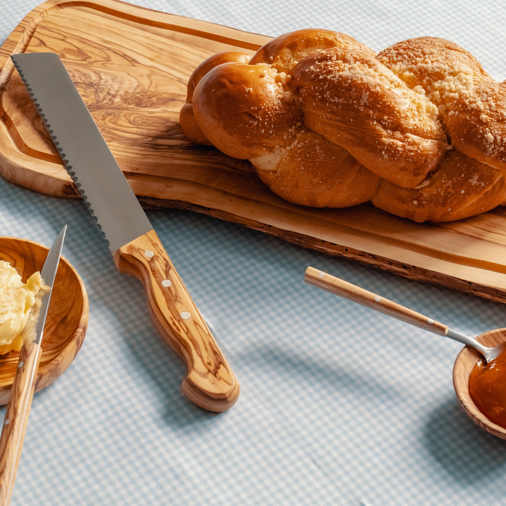 Bread Board and Bread Knife Gift Set - Handmade olive wood cutting boa –  Goya Blue